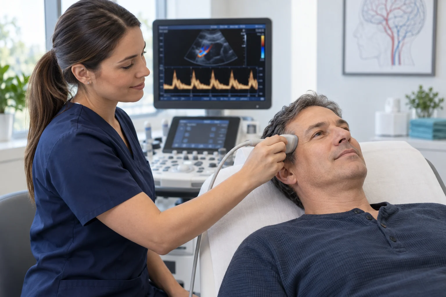 Technologist holding a Doppler ultrasound probe against a patient's temple