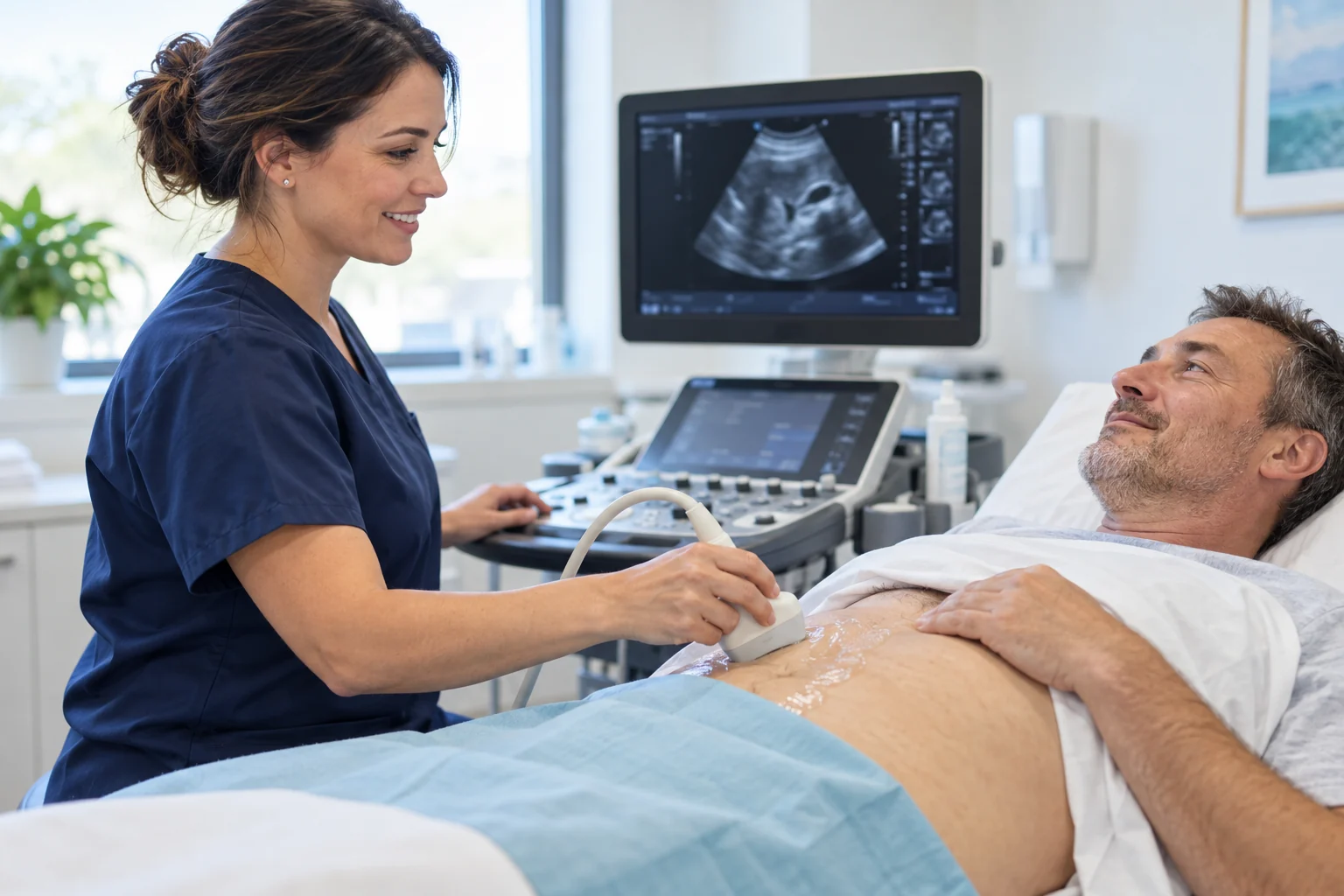 Sonographer performing an abdominal ultrasound with a handheld probe