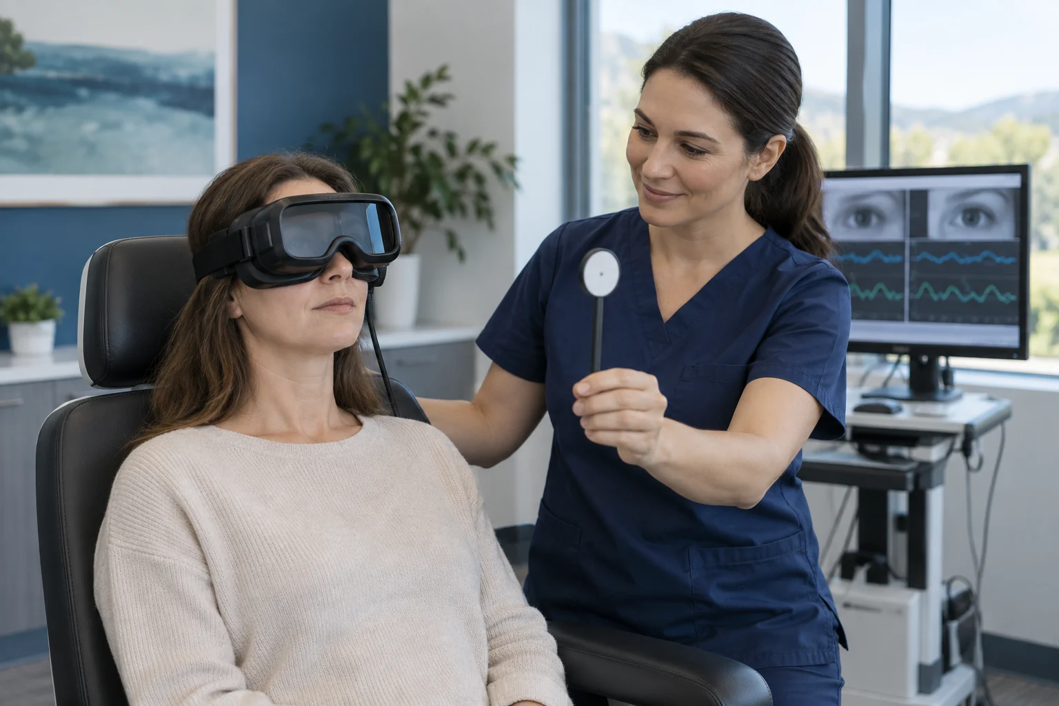 Patient wearing video goggles during a balance assessment